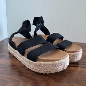 Size 6 Black Tan Espadrille Woven Strappy Sandals Chunky Platform Vacation